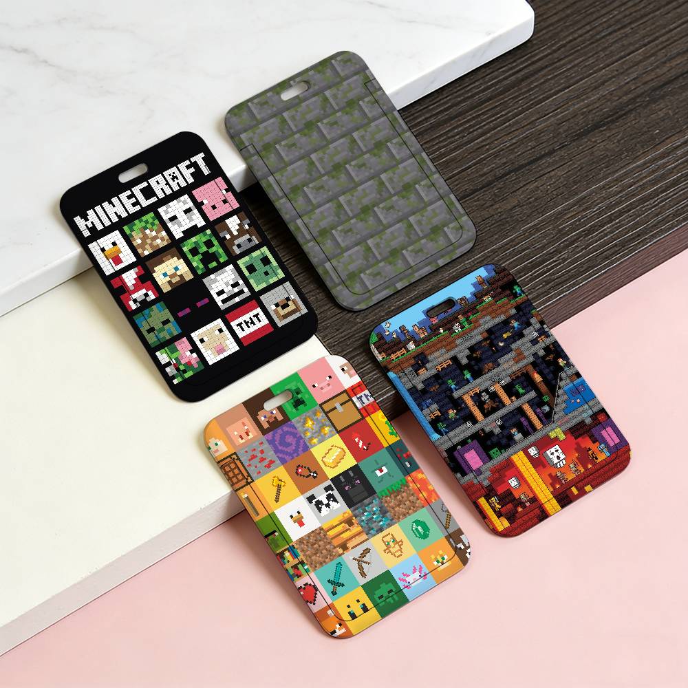 Gaming Console With Minecraft - ที่ใส่บัตรพลาสติกใสลายเกม Minecraft คลาสสิก พร้อมสายคล้องคอ สำหรับพนักงาน ใช้สำหรับใส่บัตรประจำตัวพนักงาน/บัตรธุรกิจ/บัตรโดยสาร
