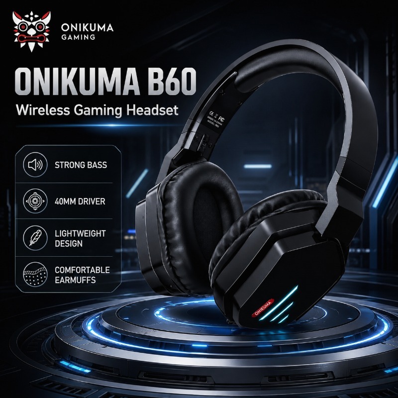 Gaming Console In Amazon - ONIKUMA B60 ชุดหูฟังเสียงสเตอริโอไร้สายสำหรับเล่นเกมหูฟังตัดเสียงรบกวนพร้อมไมโครโฟน RGB สำหรับคอนโซลพีซีใช้อุปกรณ์เสียง
