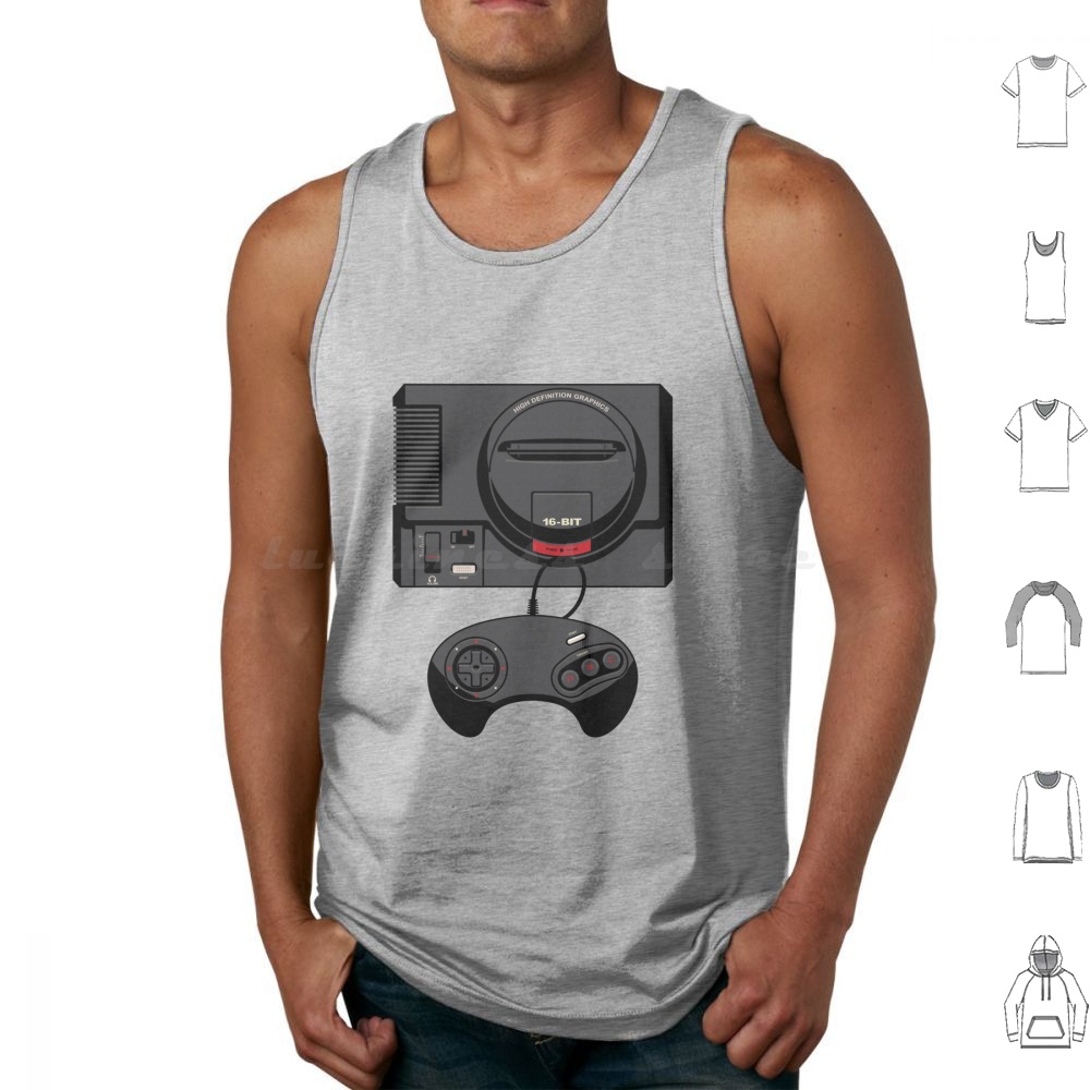 Gaming Console Genesis - เสื้อกล้ามลายเรโทรสีดำ 16 บิต พิมพ์ลายผ้าฝ้าย เกมเรโทร 16
