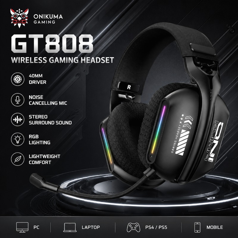 Gaming Console In Amazon - ONIKUMA GT808 ชุดหูฟังสำหรับเล่นเกมไร้สายบลูทูธ 2.4G หูฟังความหน่วงต่ำพร้อมไมโครโฟน RGB